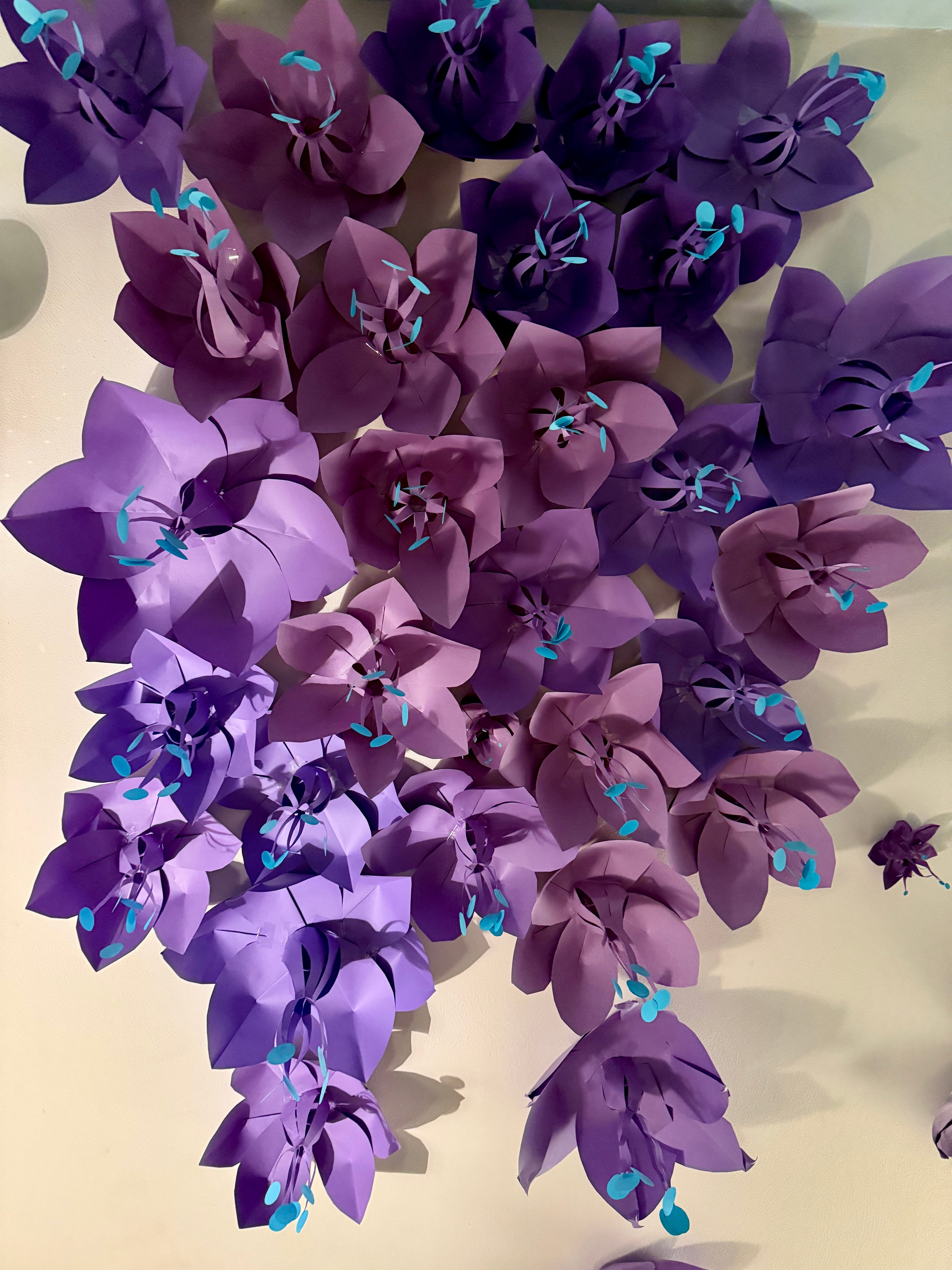 Purple Paper Flower Installation - Cascading View