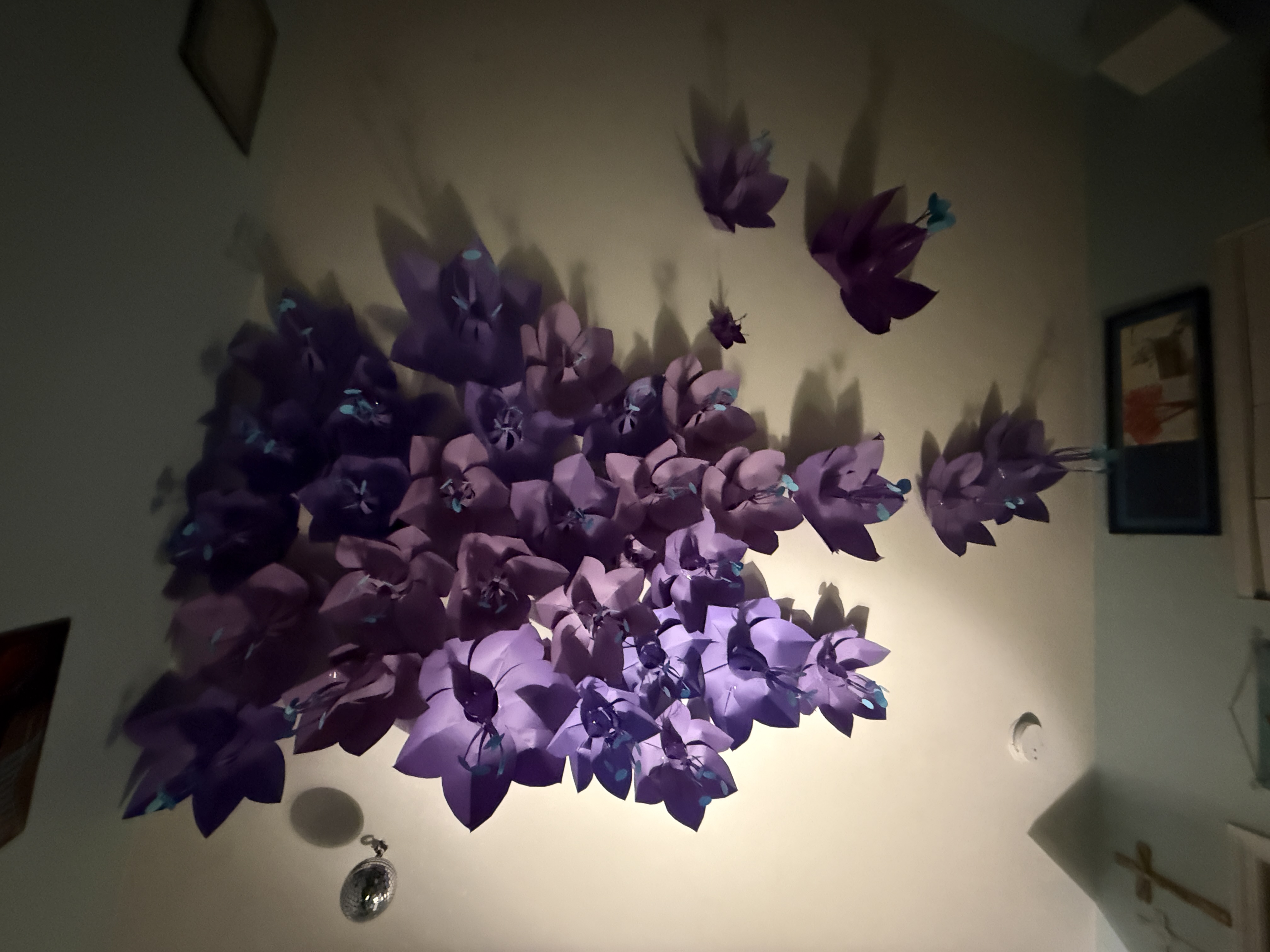 Purple Paper Flower Installation - Full Wall View