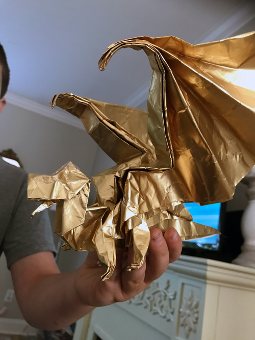 Gold Metallic Origami Dragon with Wings