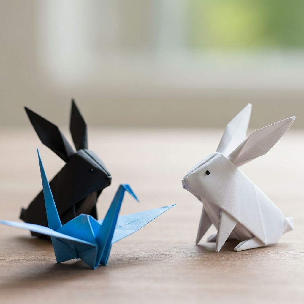 Origami Rabbits and Crane in Sunlight